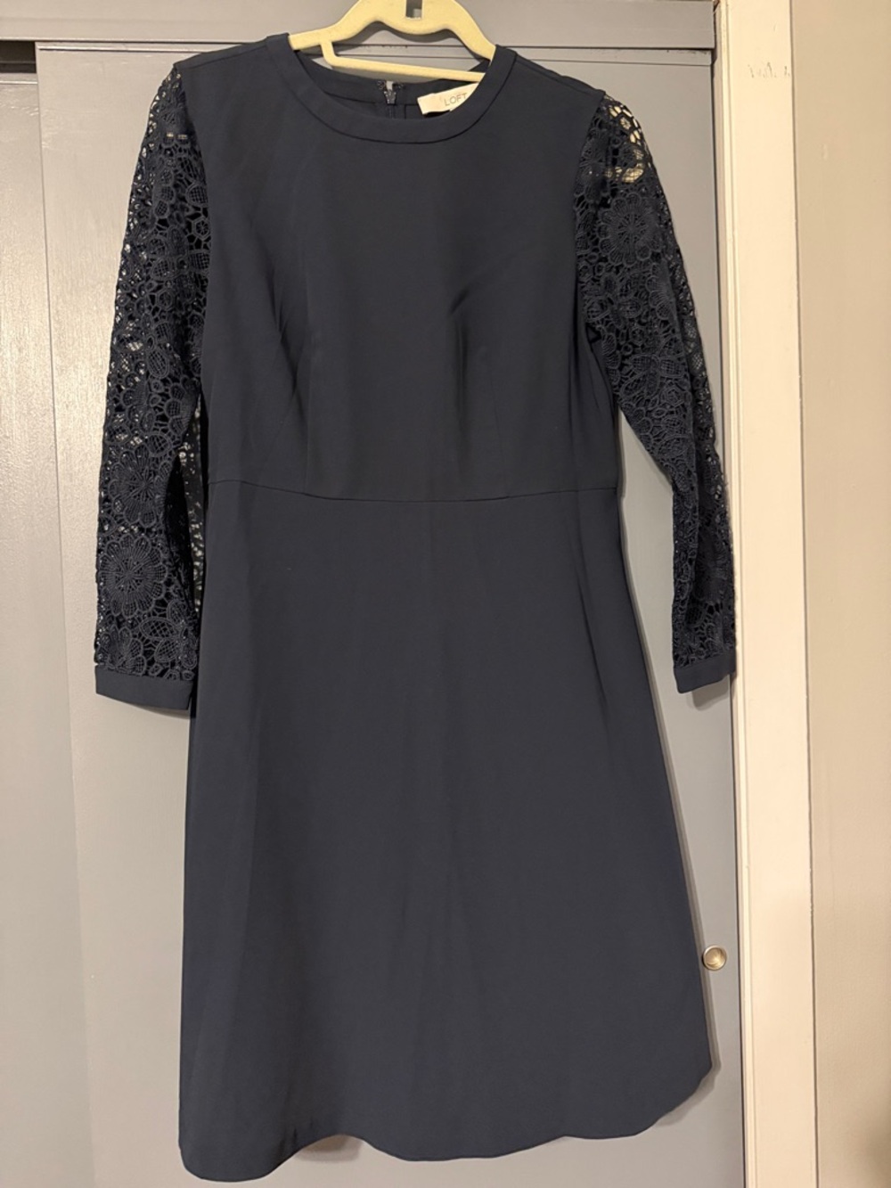 LOFT Navy A-Line Dress with Lace Long Sleeves